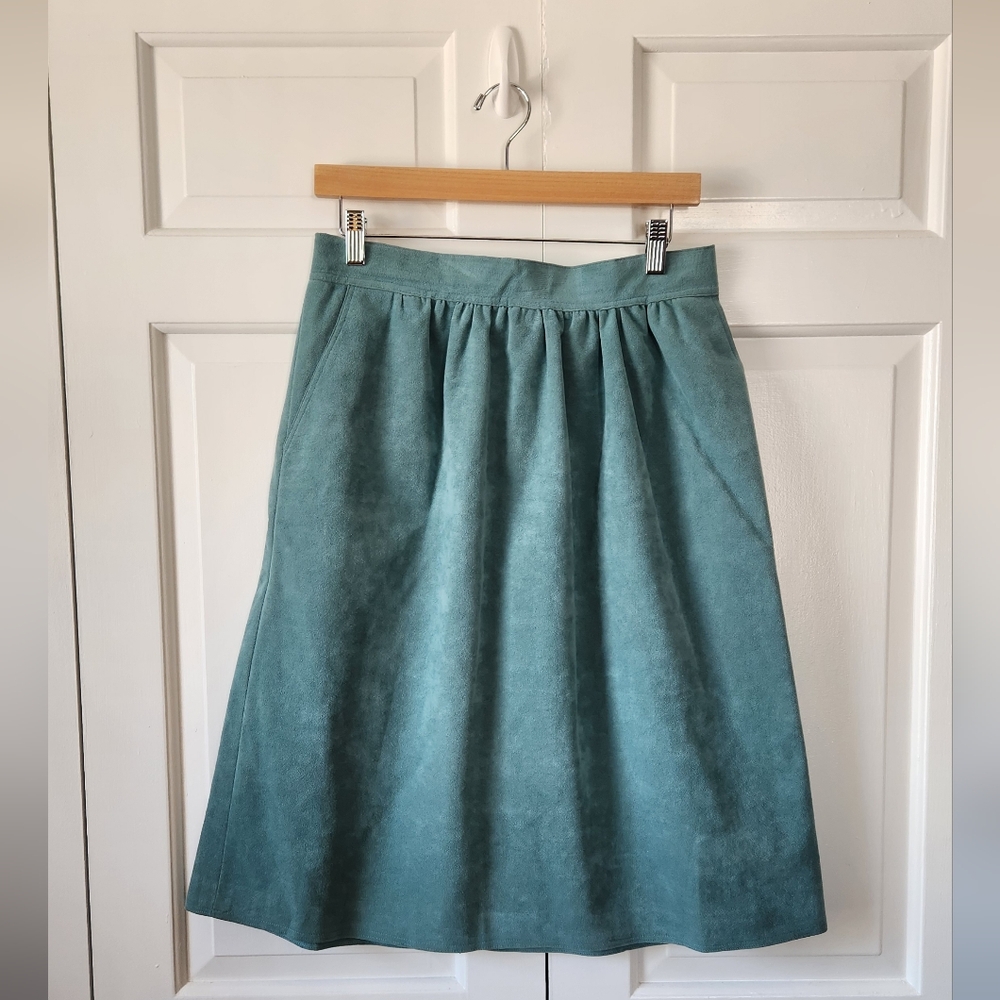 Vintage Handmade Sage Green Faux Suede A-Line Midi Skirt